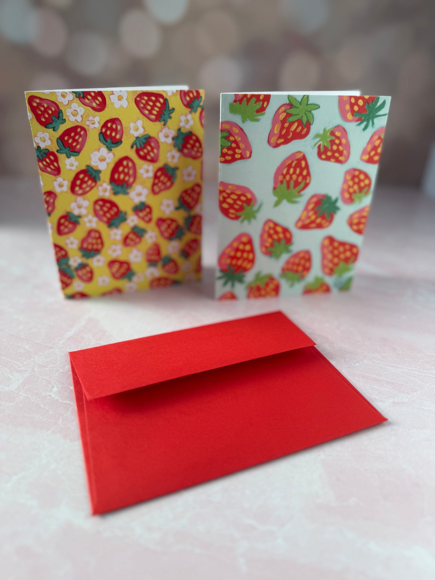 Strawberries on Yellow Notecards
